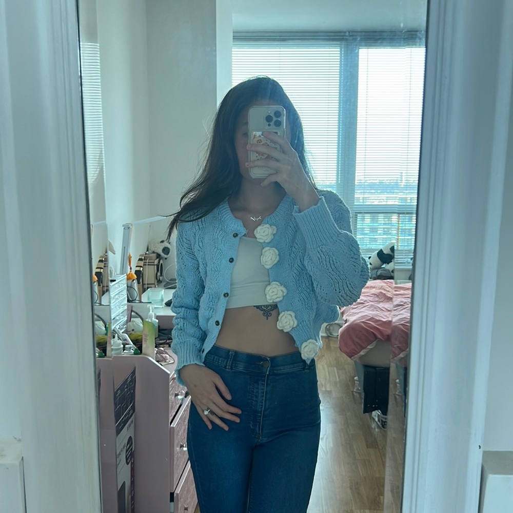Urban Outfitters Blue Cardigan with White Floral Details